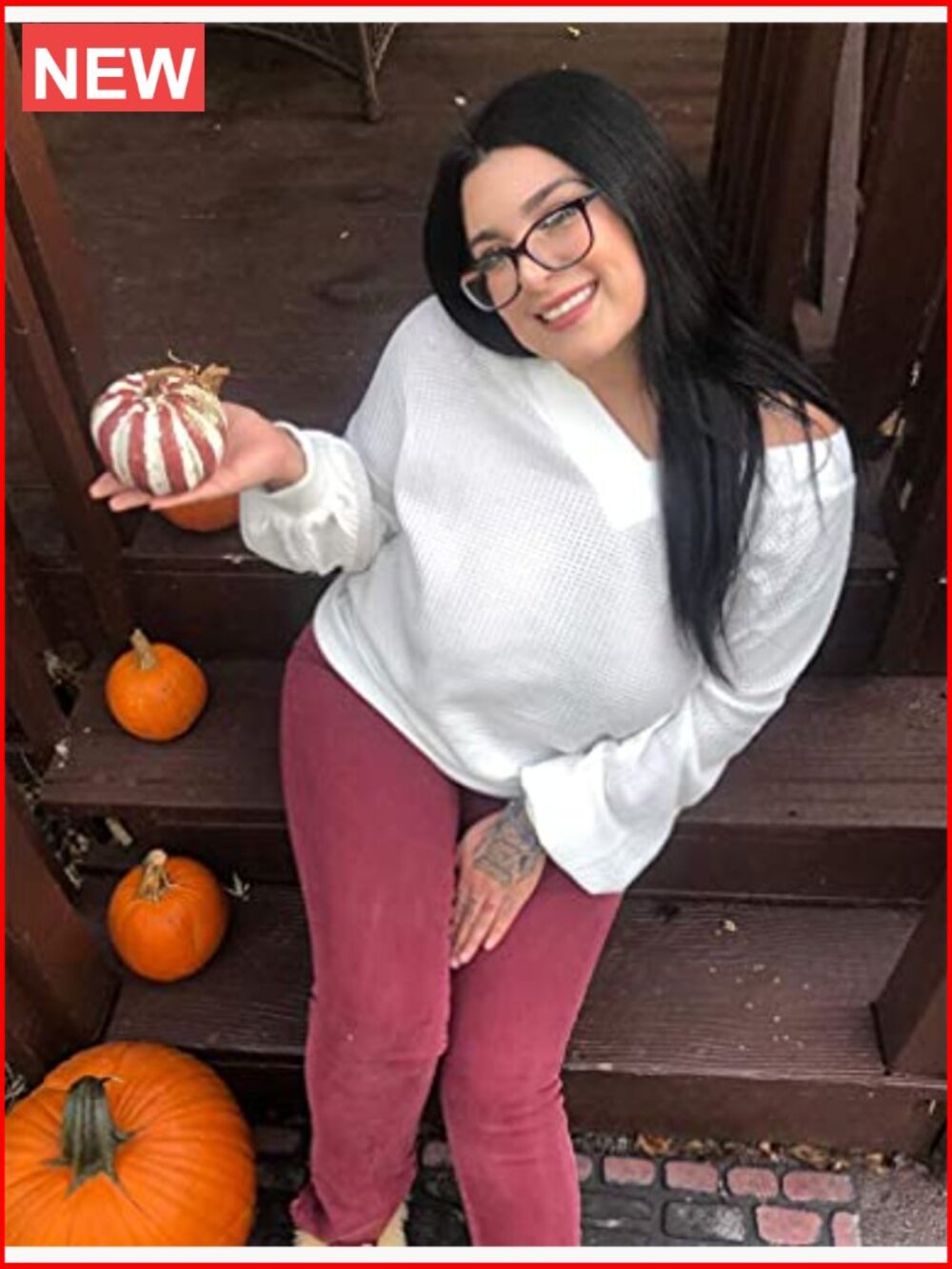 V Neck Long Sleeve Waffle Knit Off Shoulder Oversized Pullover Sweater - Picture 3 of 7